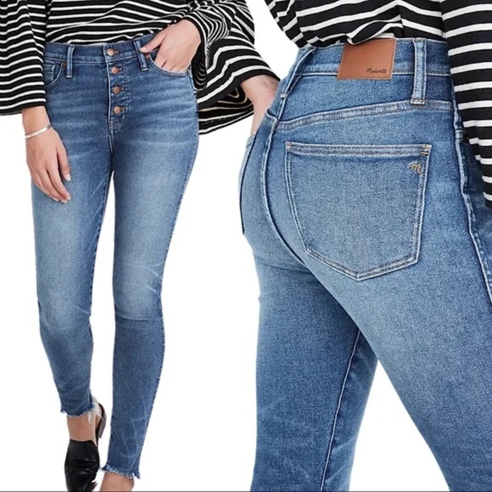 Madewell 10” High Rise Skinny Jeans Medium Wash Button Fly Raw Hem 36